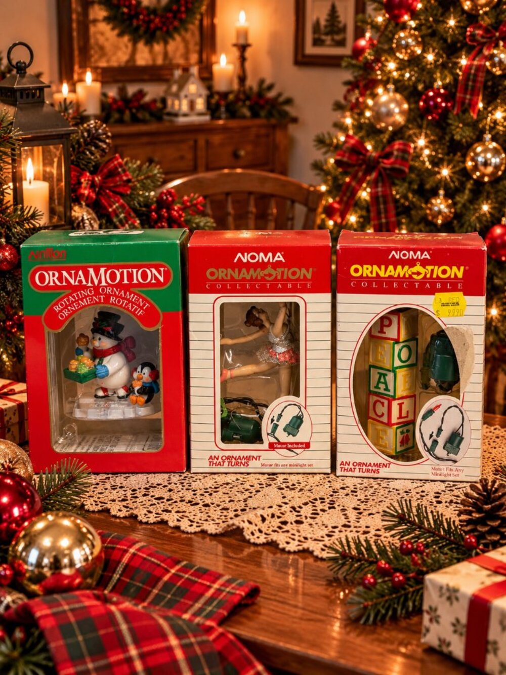Vintage NOMA Ornamotion Rotating Christmas Ornaments Lot of 3 Boxed